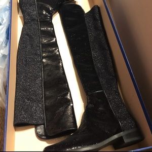 STUART WEITZMAN 5050 Stretch Over The Knee Boots OTK Leather Sequin Black